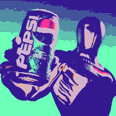 Pepsi Man holding a Pepsi, but in fun vaporwave colors